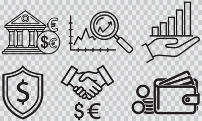 Business and finance vector icons set representing banking, investment, growth, security, partnership, and payment on transparent background