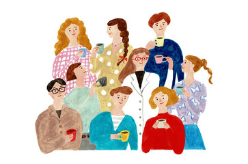 手描きイラスト　多様な職種がつながる現代的なワークスタイルイメージ