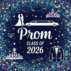 A dark blue image with "Prom" text and associated celebratory elements © Rilias