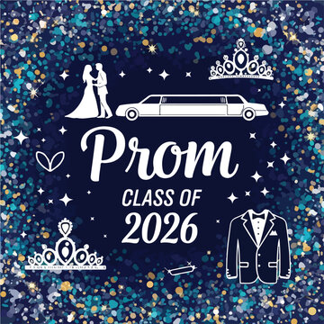 A dark blue image with "Prom" text and associated celebratory elements