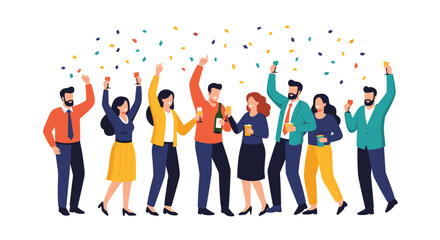 Obraz premium Diverse group of happy friends celebrates together at a party with drinks and colorful confetti falling around them in a white space.