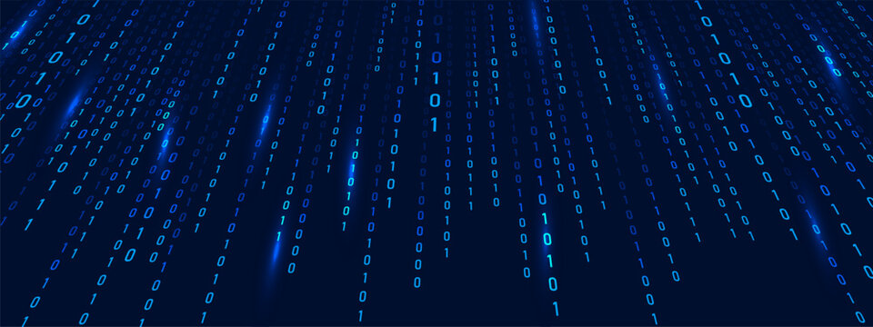 Binary Rain and code on blue abstract background. Computer technology. Matrix information and cyber security in futuristic or science fiction theme. Vector illustration.