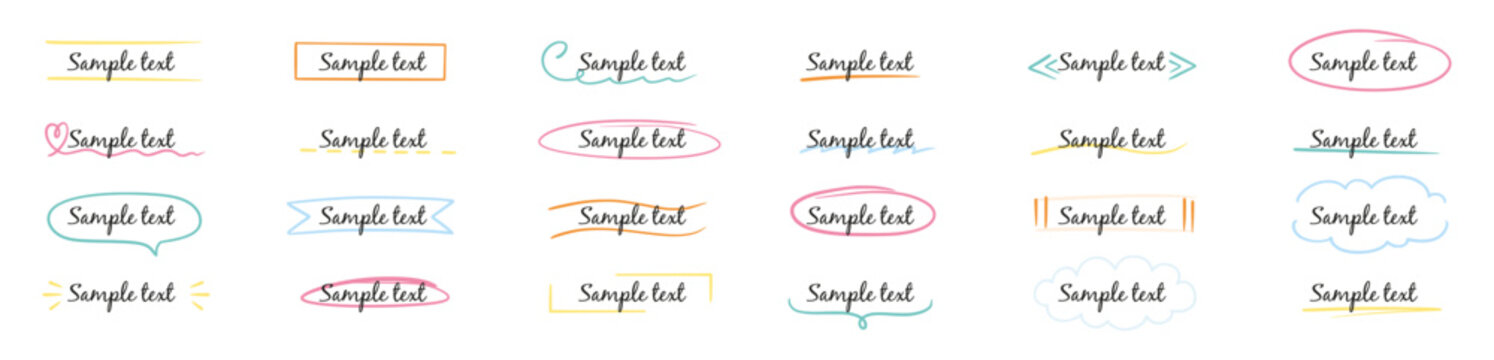 Frame box text hand drawn title set. Box text ribbon banner highlight underline handwriting doodle pen background. Simple cute vintage border ornament tag, marker sketch headline. Vector illustration