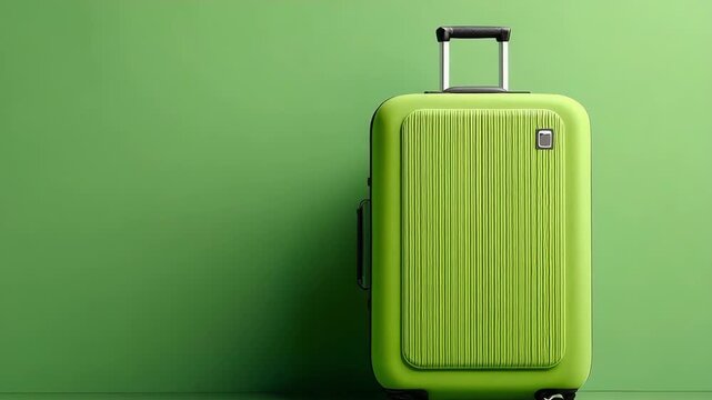 Bright green suitcase stands against plain green wall in simple setting