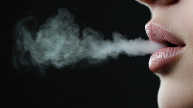 Close up captures a woman's lips and teeth as she exhales a plume of smoke against a stark black backdrop, creating a dramatic contrast and highlighting the delicate contours of her mouth