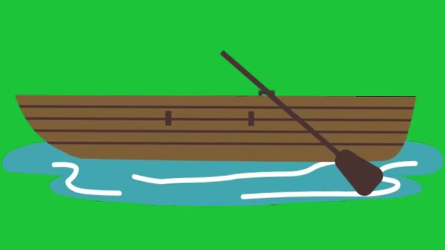 Wooden rowboat gently floats on rippling blue water oar glides creating soft waves loopable animation serene pastoral scene for nautical projects demo