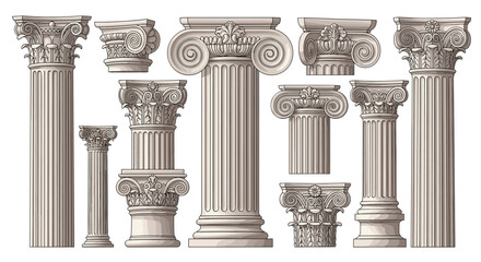 Obraz premium Detailed selection of classical architectural columns and capitals showcasing various ornate Greek and Roman structural styles.