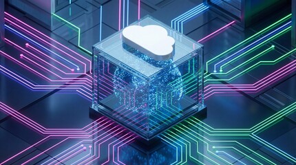 Cloud computing concept with glowing neon circuit board background