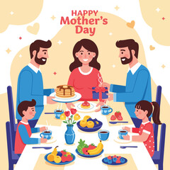 A family gathers for Mother's Day, with gifts and a breakfast spread