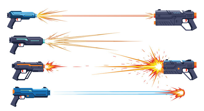 Dynamic array of futuristic sci-fi laser blasters firing energy beams with bright muzzle flashes and colorful glowing sparks.