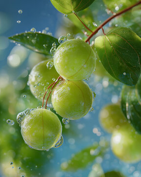 Refreshing Amla Shower: Close-up of vibrant green amla fruit glistening with droplets of water, fresh from the tree, captured against a background of lush foliage.