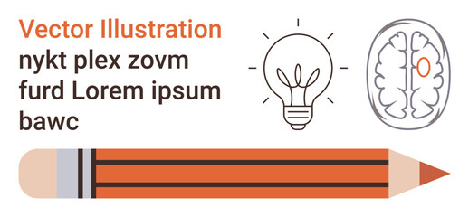 Education, creativity, learning, innovation, design, brainstorming. Pencil with light bulb and brain illustration. Education and creativity concept highlighting innovation and learning ideas © robu_s