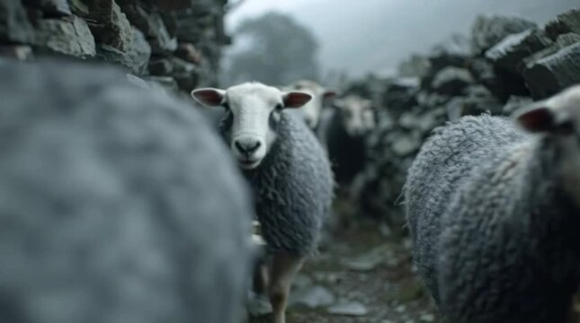 Flock of sheep standing near stone wall on a foggy day.