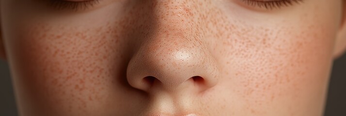 Close up of a woman's nose and surrounding skin, highlighting the presence of freckles and pores, indicating a focus on natural beauty and skincare