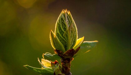 A close-up of a green plant bud with leaves