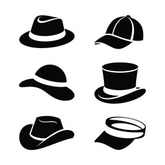 Various Fashion Hat Silhouette Icons Vector Black Headwear Set