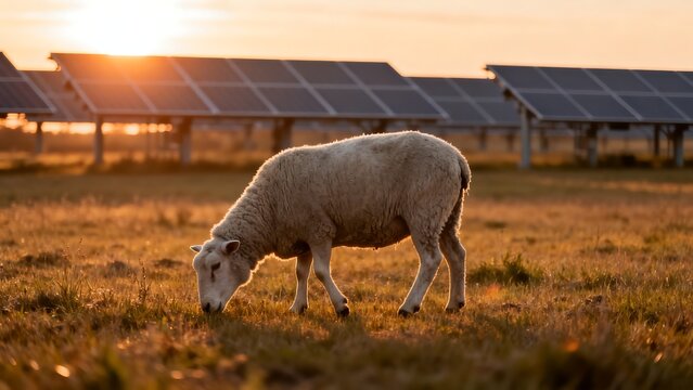 Sheep grazing near solar panels