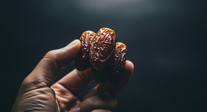 Hand holding a cluster of dates against a dark background.