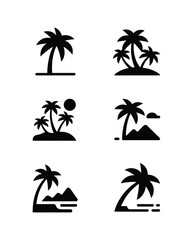 Fototapeta premium Tropical Palm Tree Island Silhouette Icons Vector Black Beach Set