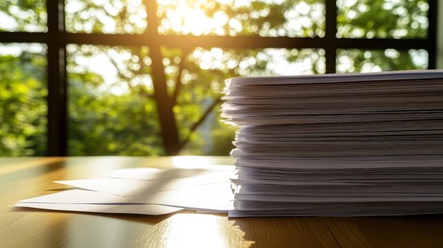 A stack of documents sits on a wooden desk bathed in warm natural sunlight with a lush green outdoor background