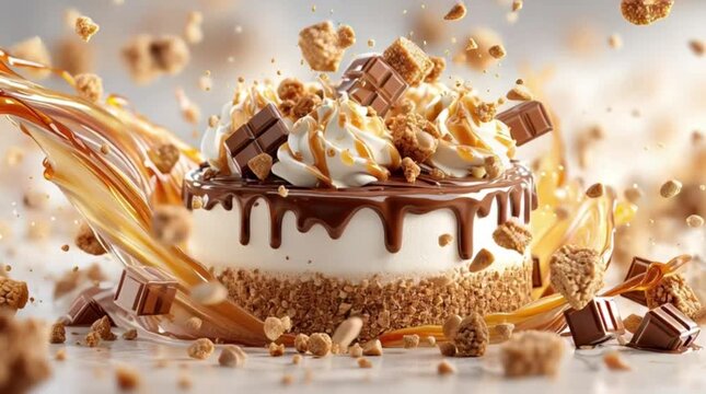 Ultra-detailed 3D render styles for premium product marketing visuals Gourmet Dessert Explosion with Chocolate and Caramel Swirls in Dynamic Slow Motion Visuals