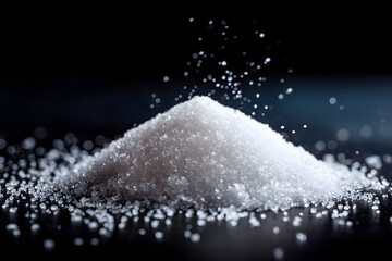 Dramatic close-up of a white granulated sugar pile with scattering bokeh crystals against a dark background, highlighting texture and dynamic movement.