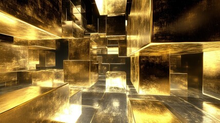 Abstract Golden Geometric Shapes with Dynamic Lighting and High Contrast Modern Design