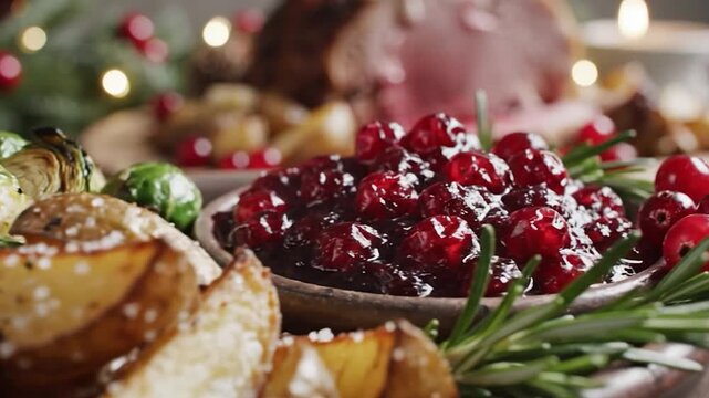 Roasted potato wedges and brussels sprouts with holiday meal background