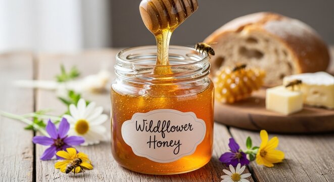 A jar of honey with a honey dipper in it, placed on a wooden table with a loaf of bread and flowers in the background.