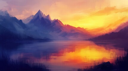 Obraz premium Breathtaking sunset paints vibrant warm colors across majestic mountains reflected in a serene lake