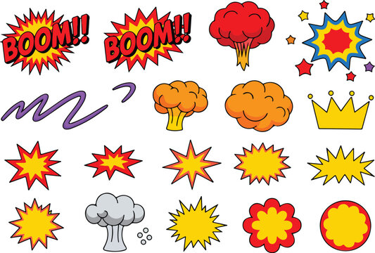 Cartoon Explosion Vector Set Fire Bursts, Smoke Clouds, and Comic Action Effects