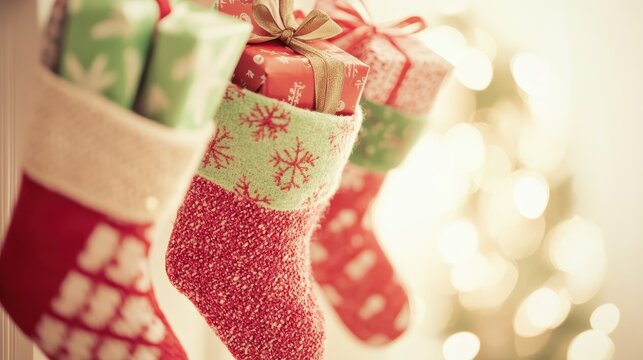 Close up of festive Christmas stockings filled with small wrapped gifts and tied with ribbons, glowing with warm, soft light against a bokeh background.