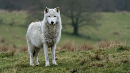 Obraz premium White Wolf Standing in Green Field.