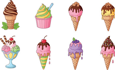 Colorful Ice Cream Cone and Sundae Vector Icon Set with Chocolate, Strawberry, Vanilla Scoops and Sweet Dessert Illustrations