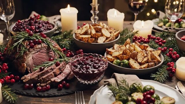 Roasted meat dinner with cranberries and rosemary festive holiday table spread warm candlelight