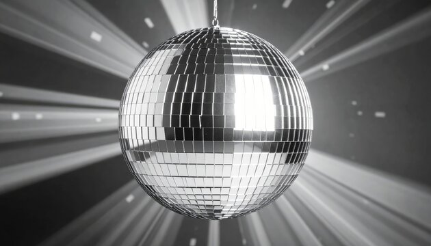 Shiny disco ball with lights reflecting on a black background creates a sparkling mirrorball sphere for a retro dance club party and celebration of nightlife music