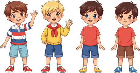 Cute Cartoon Boys Character Set with Different Hairstyles and Casual Clothes, Smiling Kids Standing and Waving Vector Illustration