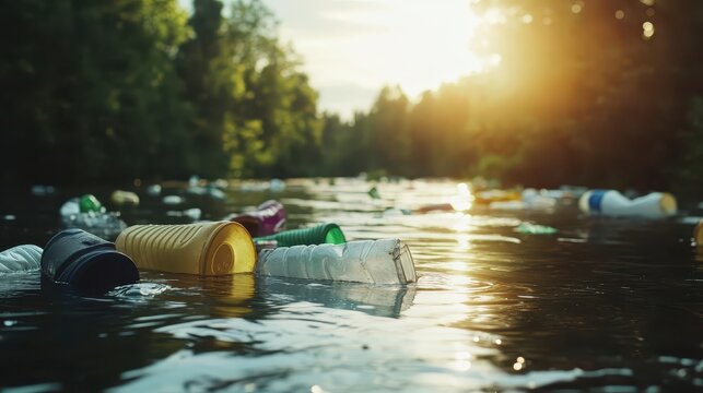 Discarded Plastic Bottles and Containers Floating Downstream in a Polluted River Amidst Golden Sunlight and Forest Background