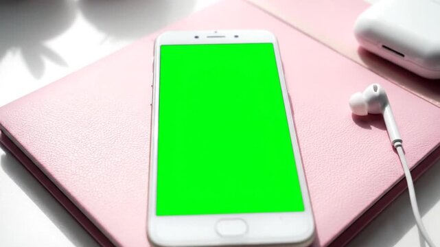 White phone green screen on pink notebook.
