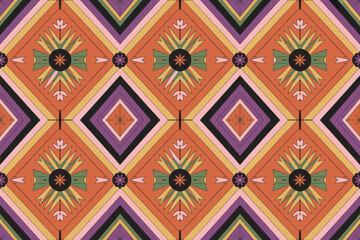 A vibrant floral pattern with geometric shapes in orange and purple hues