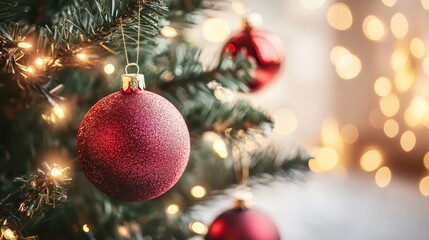 Obraz premium Festive red glitter Christmas tree ornaments with soft bokeh lights, showcasing a celebratory holiday atmosphere