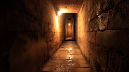 Obraz premium Dimly Lit Ancient Stone Corridor Passageway.