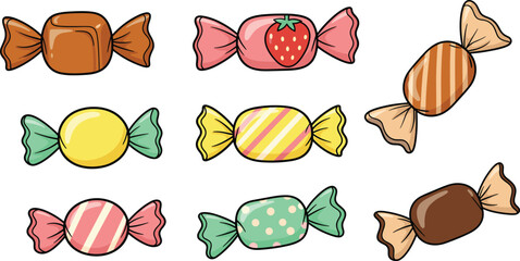 Cute Wrapped Candy Collection Vector Illustration with Colorful Sweet Treats, Caramel and Fruit Flavored Confectionery Design