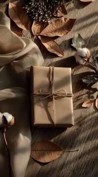 Top-down view of a wrapped gift box surrounded by dried leaves and cotton flowers on a wooden surface with warm lighting and a rustic feel.