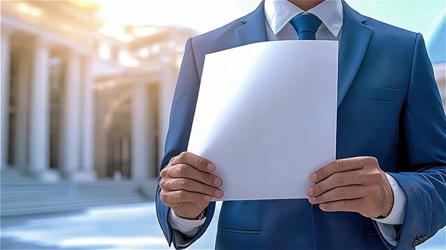 Businessman holding blank paper in front of courthouse steps with legal document symbol, wearing suit and tie in bright daylight confident posture