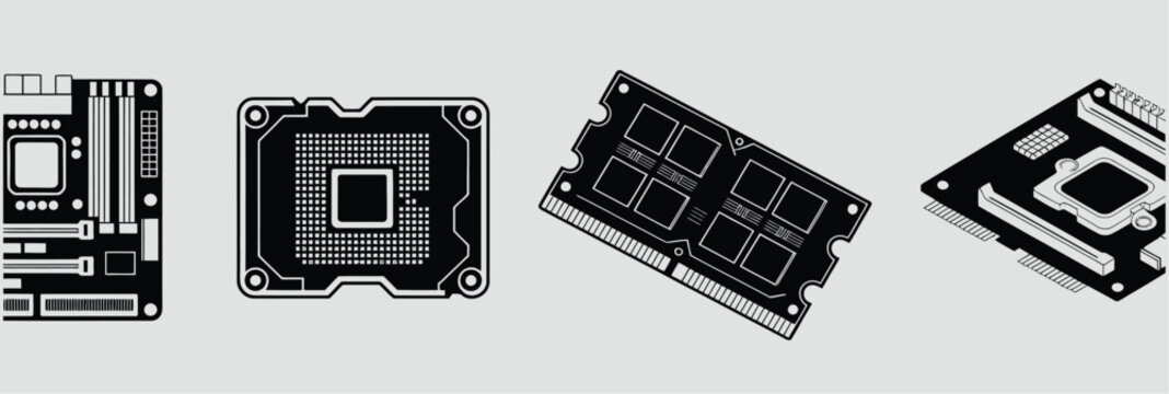 Monochromatic silhouette icons representing essential computer hardware: motherboard, CPU, RAM module, and graphics card, ideal for technical diagrams and interfaces.