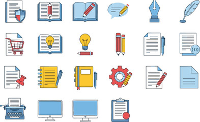 Education and Office Supply Icon Set with Books, Documents, Writing Tools, Technology, and Business Symbols for Web and Print Design