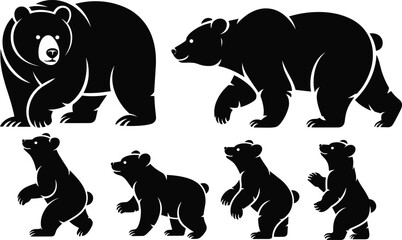 Black Bear Vector Silhouette Set Featuring Adult Grizzly and Cute Cubs in Walking and Standing Poses Isolated on White Background for Wildlife Design © SHAPLAKHATUN