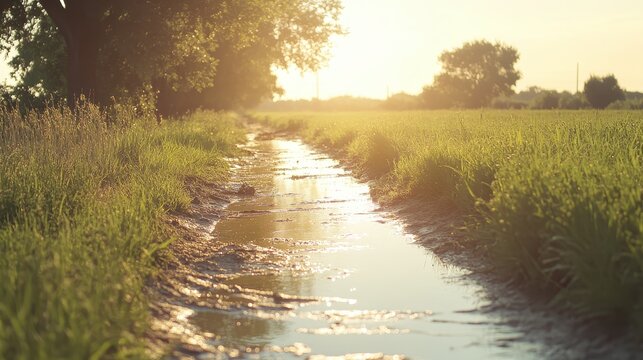 Dry irrigation channel in sunlit farmland reflecting scarce water, indicating agricultural drought and environmental hardship.