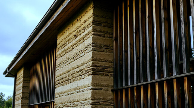 Detail of Sustainable Building with Rammed Earth Wall and Wood